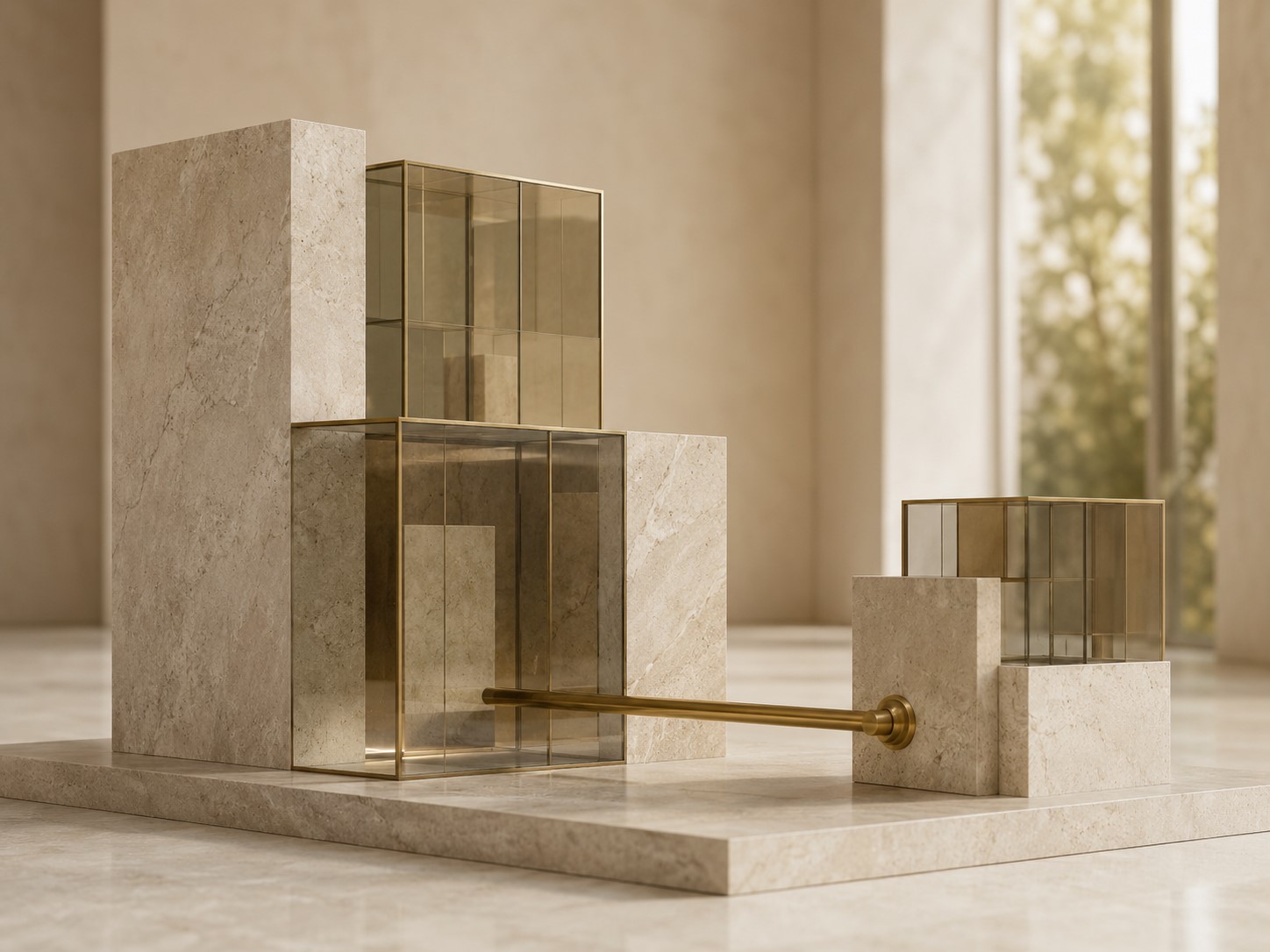 Architekturmodell mit Glasflächen und Messinglinien als Symbol für Betriebsgrundstücke und Sonderbetriebsvermögen