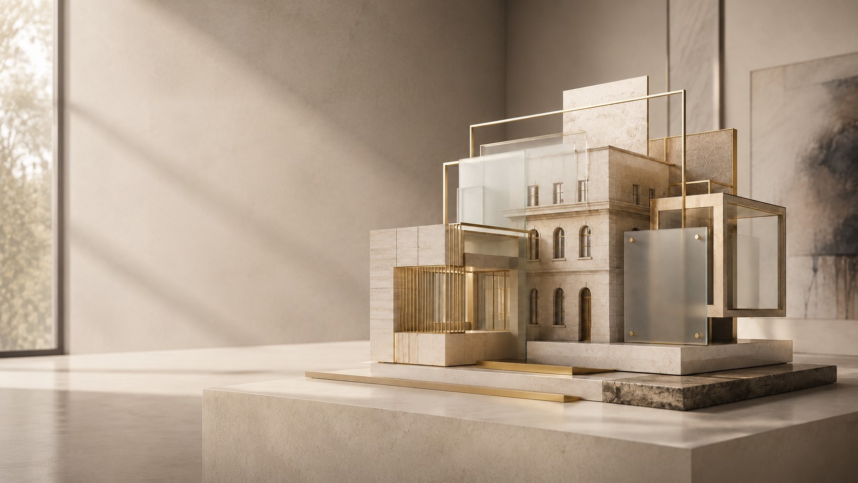 Abstraktes Architekturmodell aus Stein, Glas und Messing als Sinnbild für Immobilien im Betriebsvermögen und steuerliche Unternehmensstrukturen