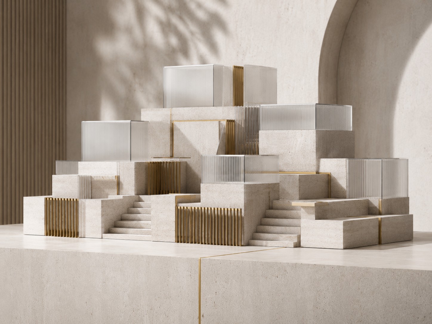 Abstraktes Architekturmodell mit Ebenen und Messingelementen als Sinnbild für Gesellschafterstruktur und Immobiliengesellschaft