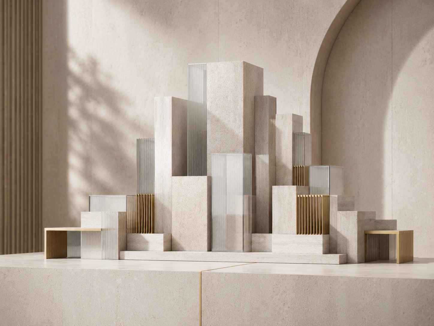 Abstraktes vertikales Architekturmodell als Symbol für Grundstücksgesellschaften, Vermögensaufbau und steuerliche Planung