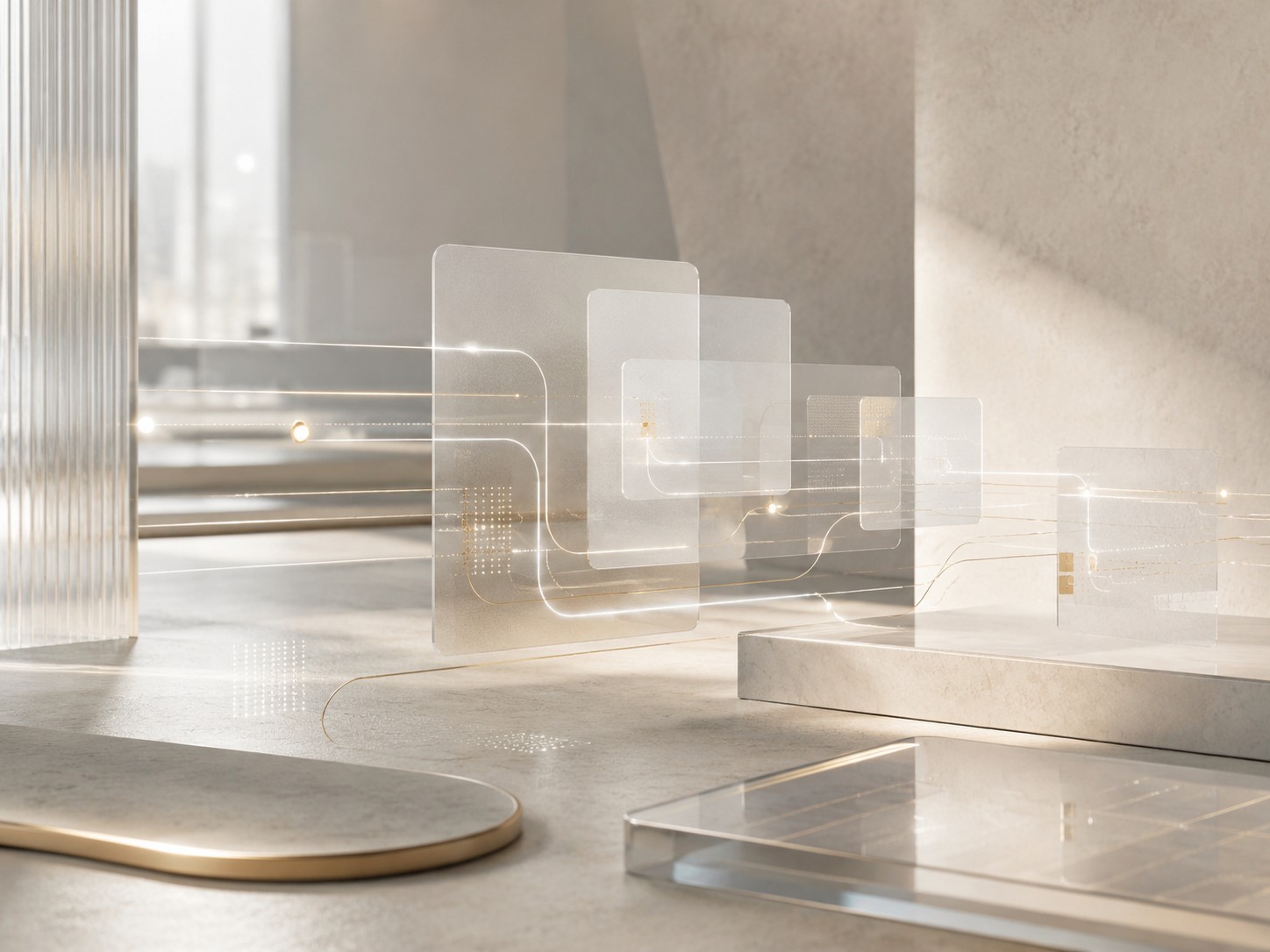 Transparente digitale Datenmodule mit Lichtlinien als Symbol für digitale Finanzbuchhaltung und laufende steuerliche Auswertungen
