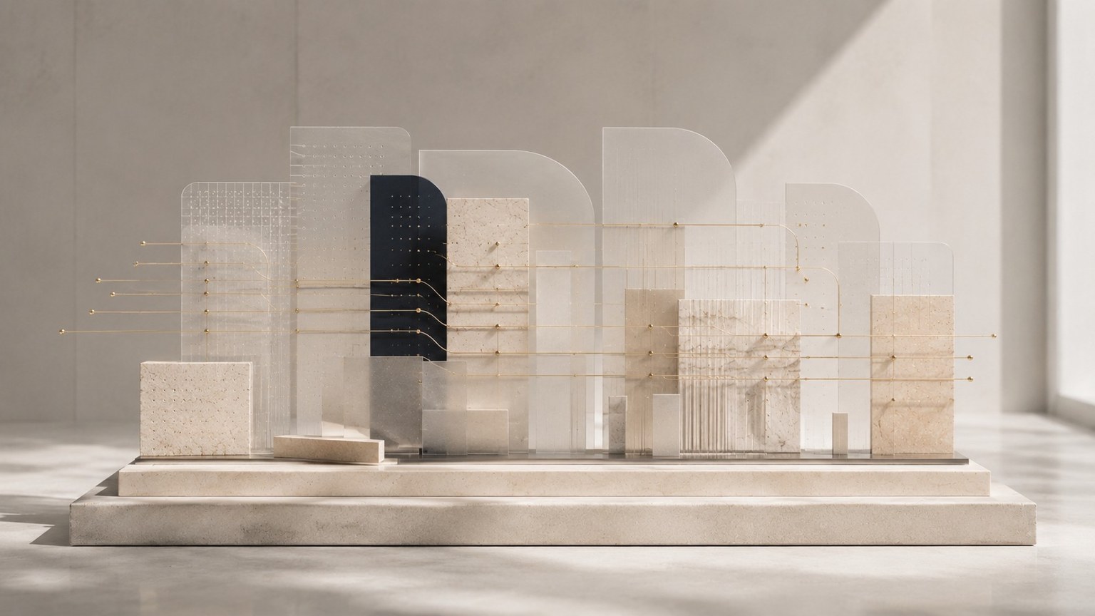 Abstraktes Architekturmodell mit goldener Linienführung als Symbol für geordnete Lohnprozesse und digitale Lohnbuchhaltung