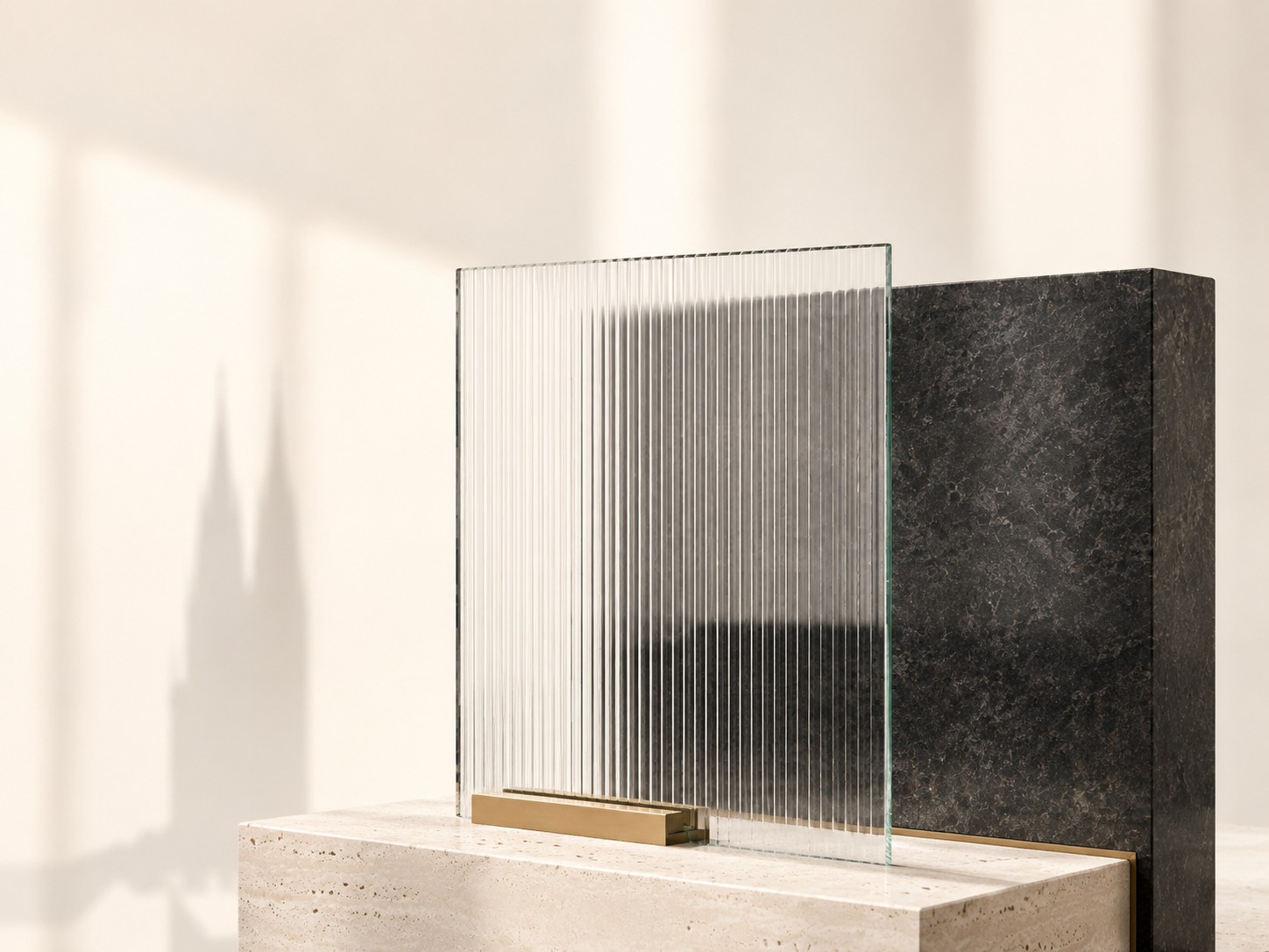 Gerilltes Glas, dunkler Naturstein und Messing als Symbol für transparente und belastbare steuerrechtliche Beratung