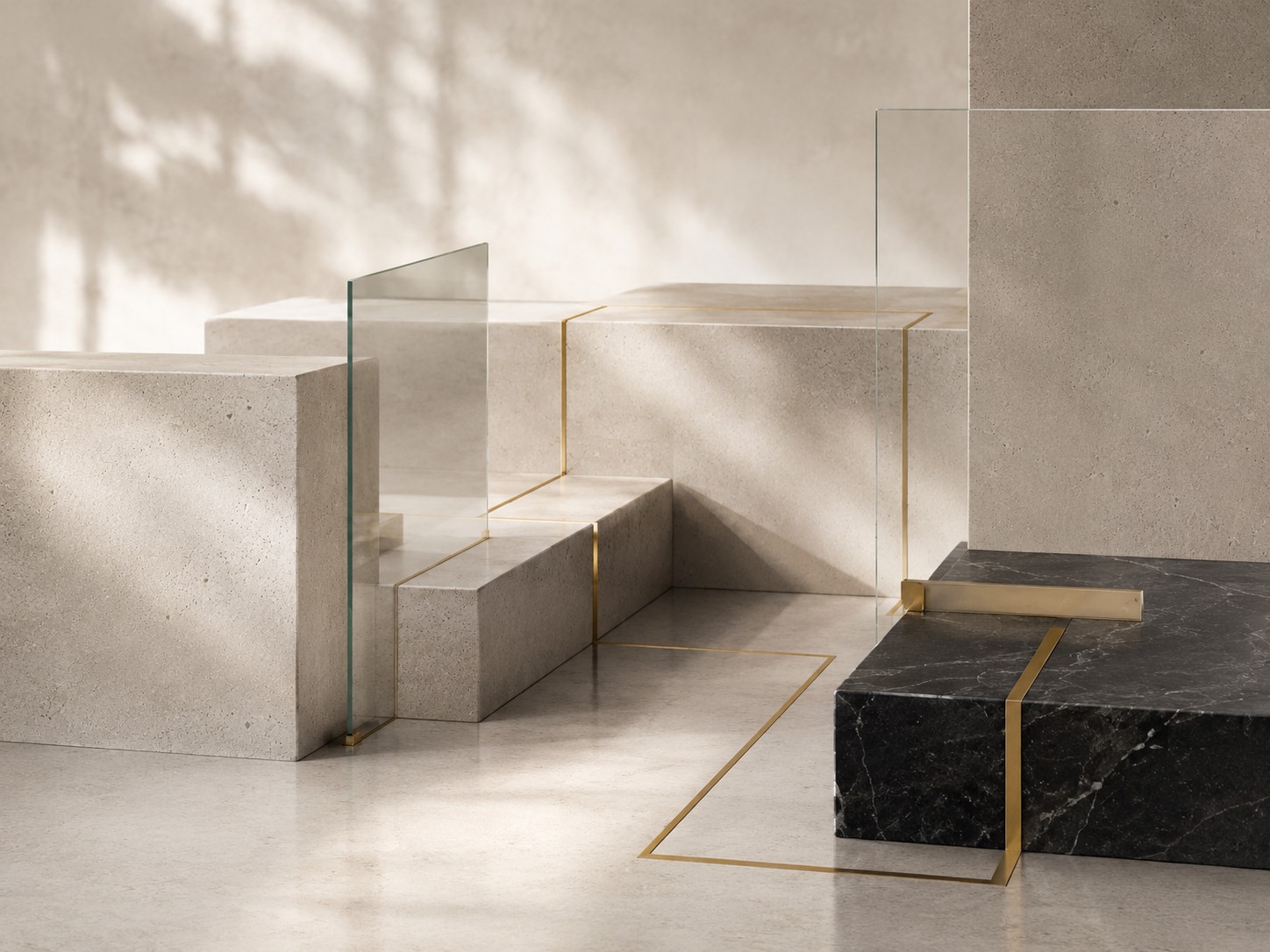 Abstrakte Architektur aus Stein, Glas und Messinglinien als Symbol für steuerliches Verfahren und zivilrechtliche Anspruchsprüfung