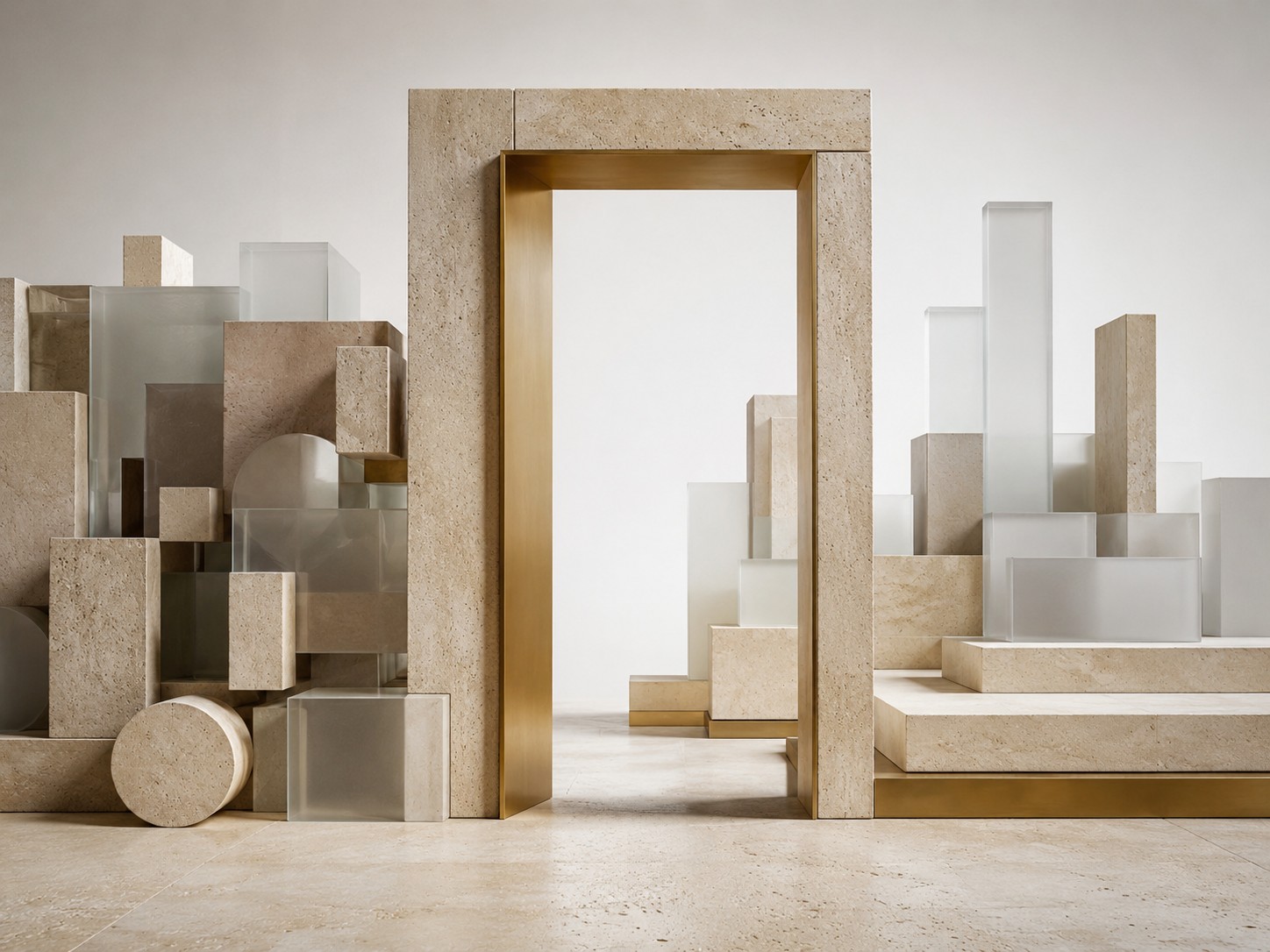 Abstrakte Architektur mit Durchgang aus Stein, Glas und Messing als Sinnbild für Rechtsformwechsel und steuerliche Neuordnung