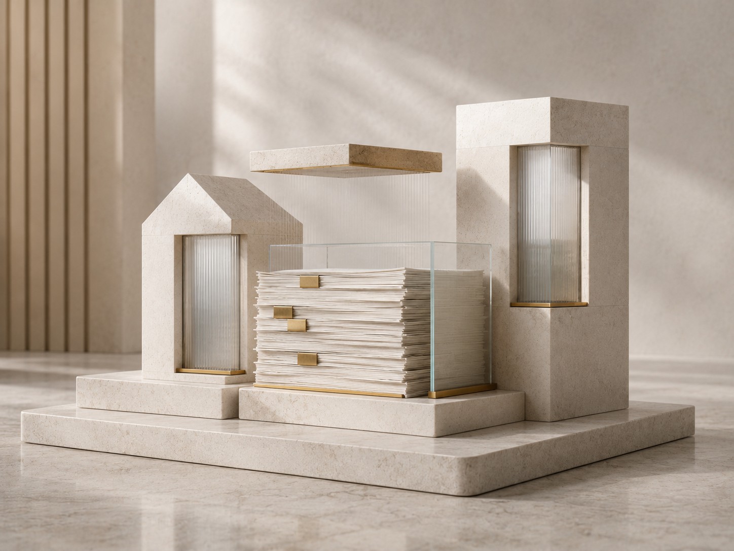 Abstraktes Architekturmodell mit Glas- und Steinflächen als Symbol für strukturierte Vermietung und steuerliche Immobilienberatung