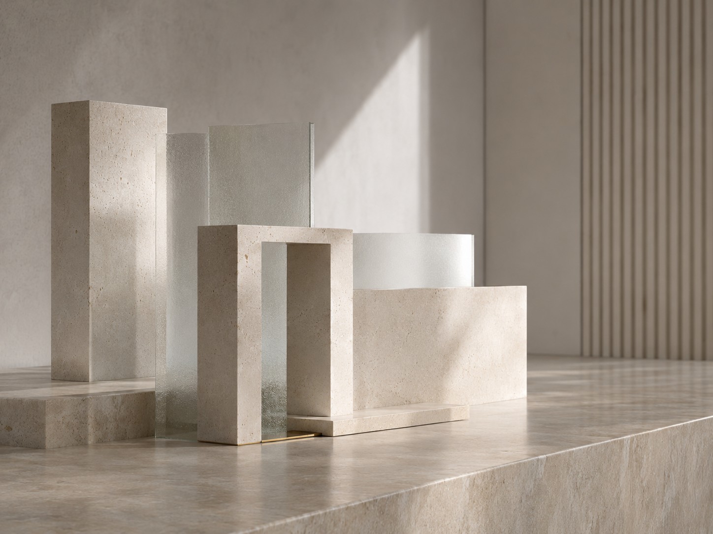 Abstrakte architektonische Struktur aus Stein und Glas als Symbol für steuerliche Einordnung von Vermietungsimmobilien