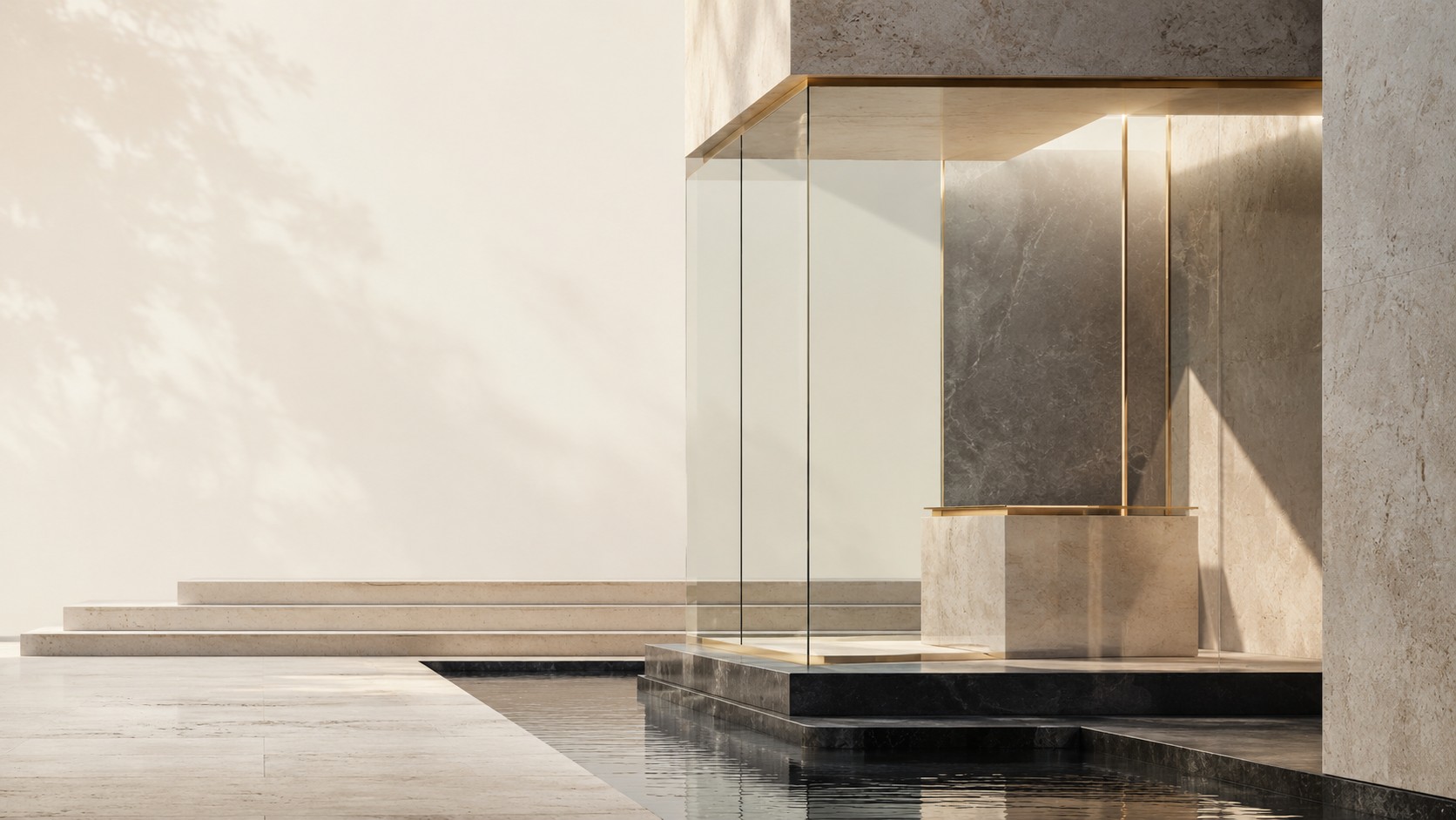 Ruhige Architektur mit Glas, Stein und Licht als Sinnbild für Datenschutz und Vertraulichkeit