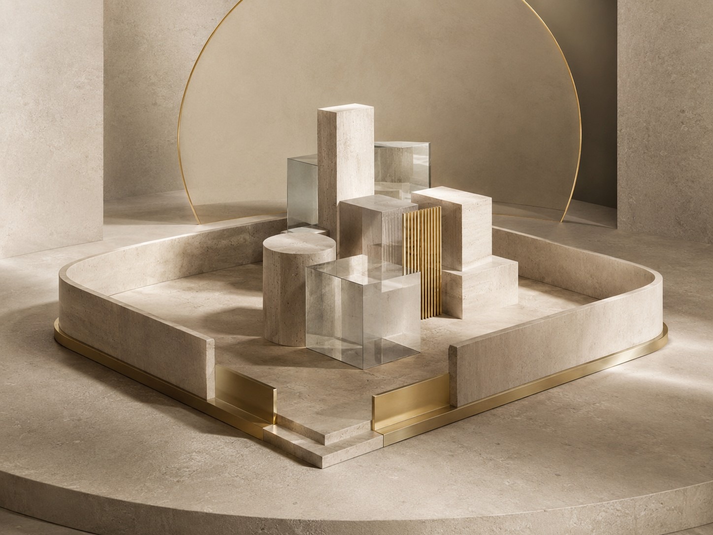 Abstraktes Architekturmodell mit Linien, Glas und Messing als Symbol für strukturierte Immobilienbesteuerung und gewerbesteuerliche Planung