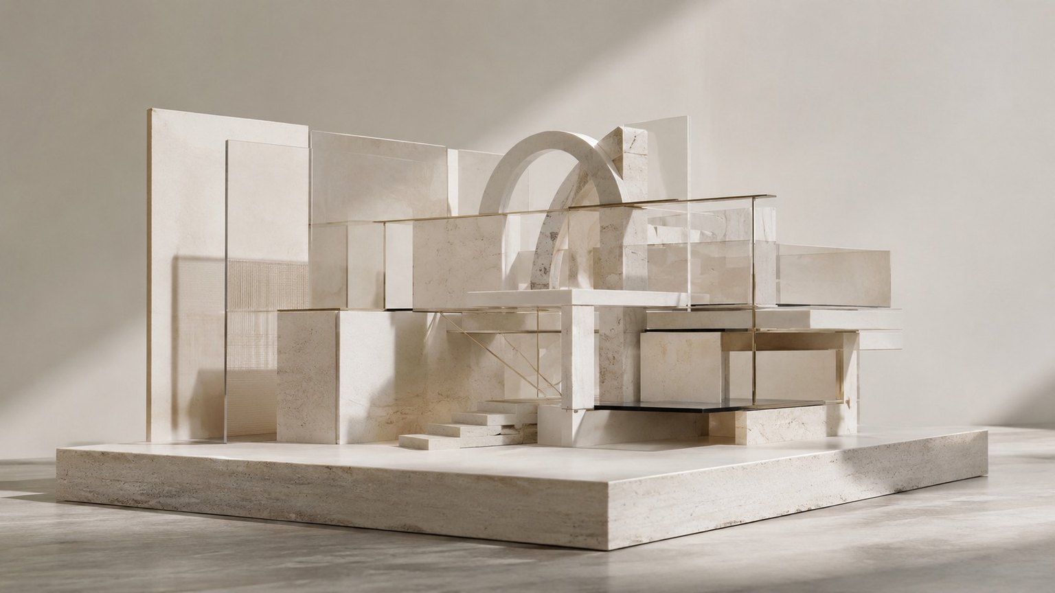 Abstraktes Architekturmodell aus Stein, Glas und Messing als Sinnbild für steuerliche Gestaltungsberatung und Unternehmensstrukturierung