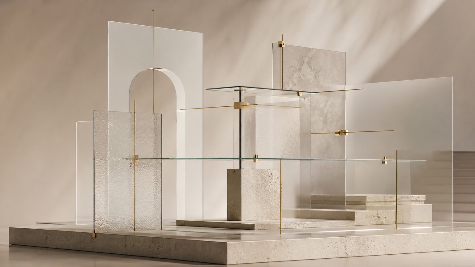 Abstraktes Architekturmodell aus Stein, Glas und Messing als Sinnbild für geordnete Unternehmensstrukturen und steuerliche Planung