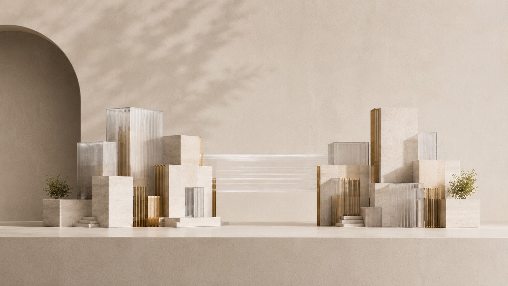 Abstraktes Architekturmodell mit getrennten Baukörpern und feinen Verbindungslinien als Symbol für gewerblichen Grundstückshandel und Immobilienbesteuerung