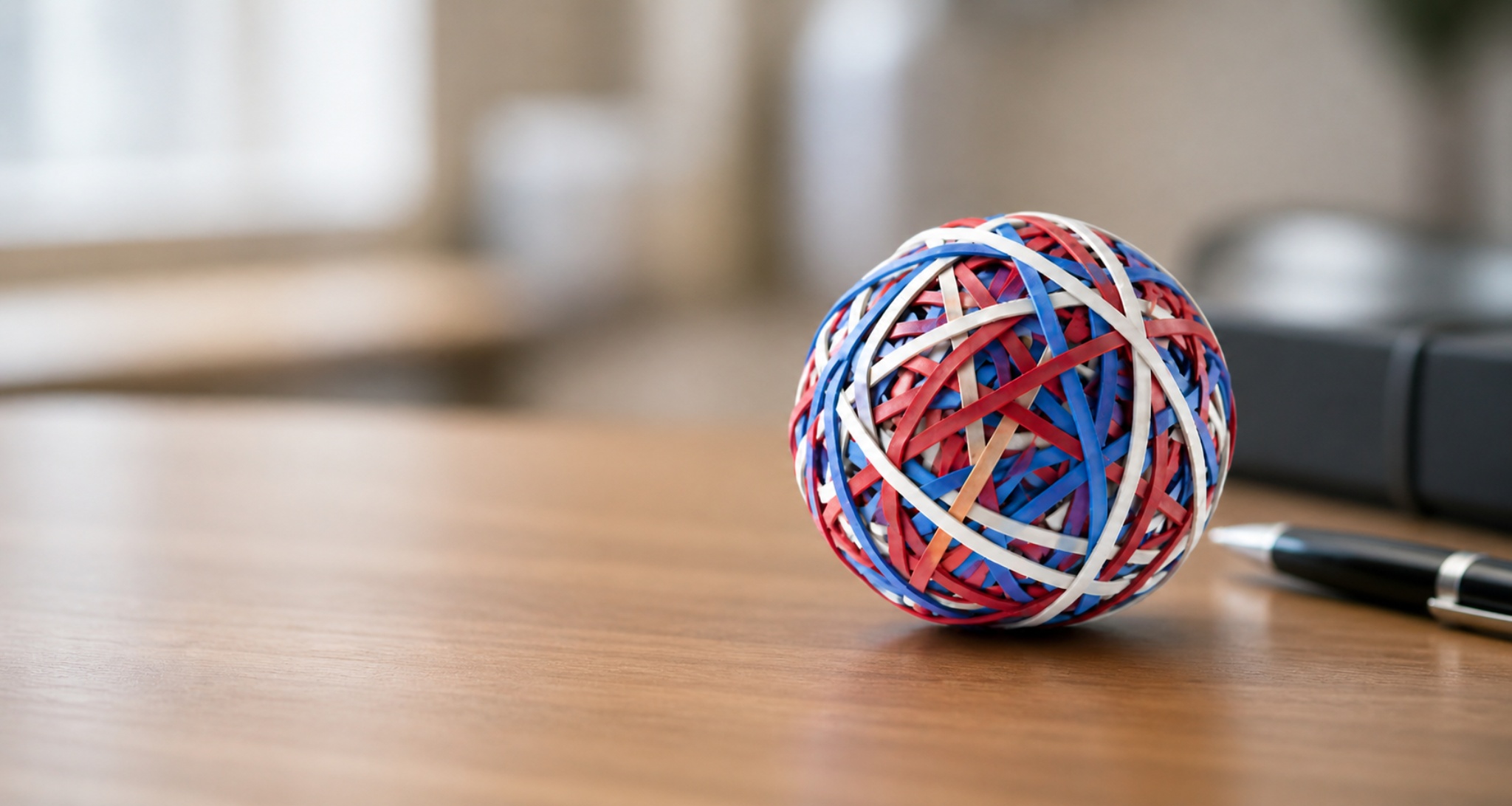Büroszene mit Gummibandball auf einem Schreibtisch