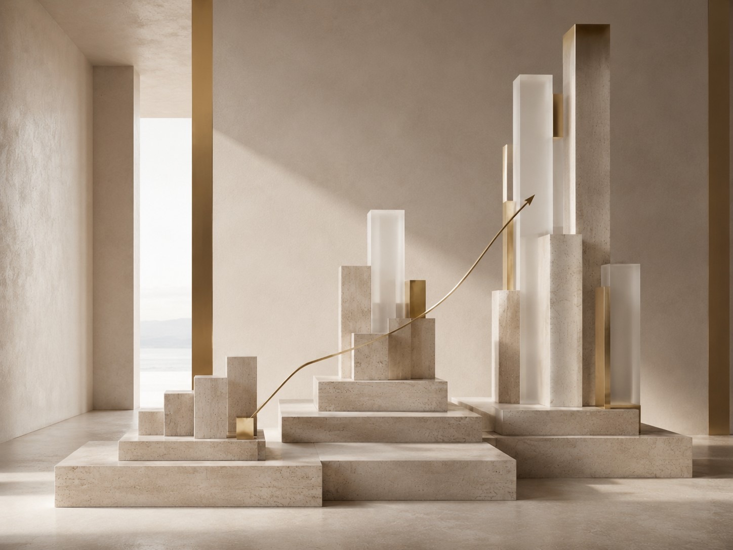 Abstraktes Architekturmodell mit ansteigendem goldenen Pfeil als Symbol für Immobilienwert, Verkauf und steuerliche Planung