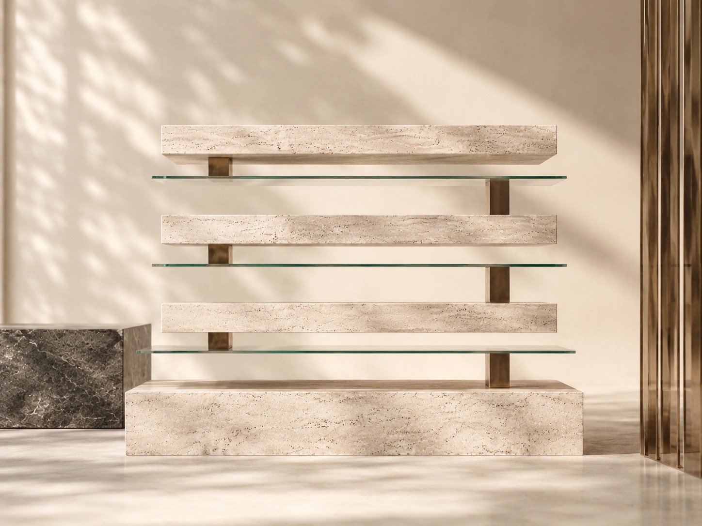 Minimalistische Stein- und Glasstruktur als ruhiges Motiv für Transparenz und rechtliche Klarheit