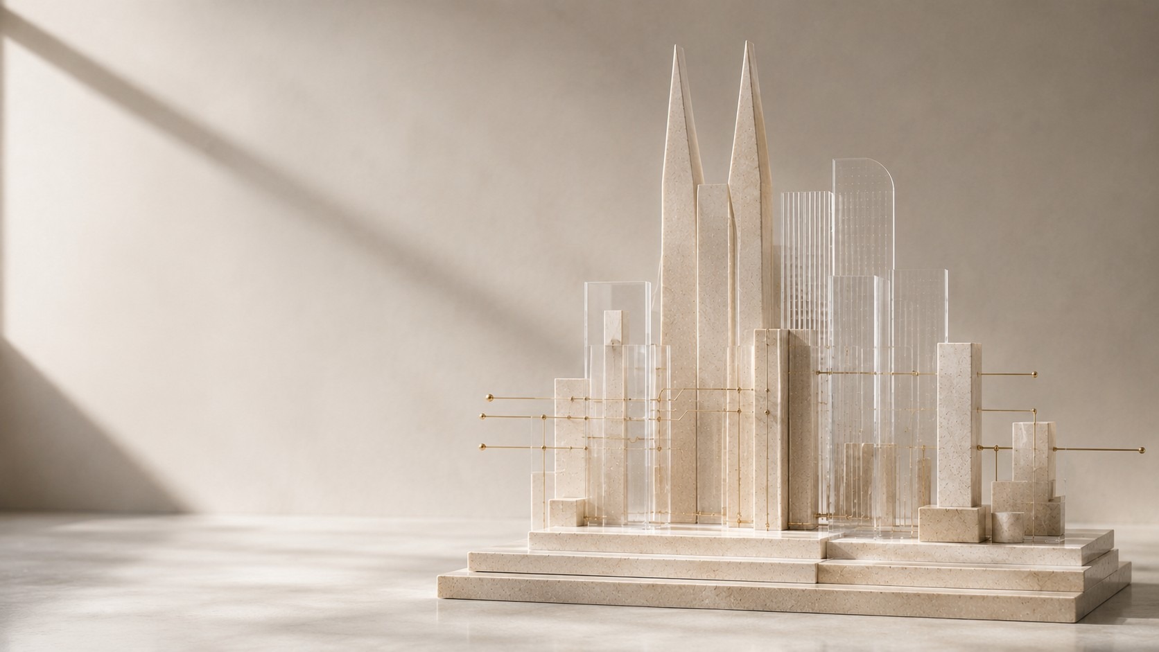 Abstraktes Architekturmodell mit Kölner Dom-Silhouette und goldenen Verbindungslinien als Symbol für Steuerberatung in Köln