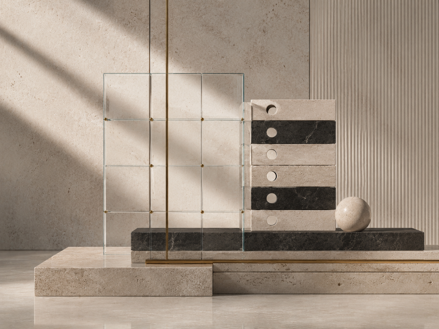Abstrakte Architektur mit Stein, Glas und warmem Licht